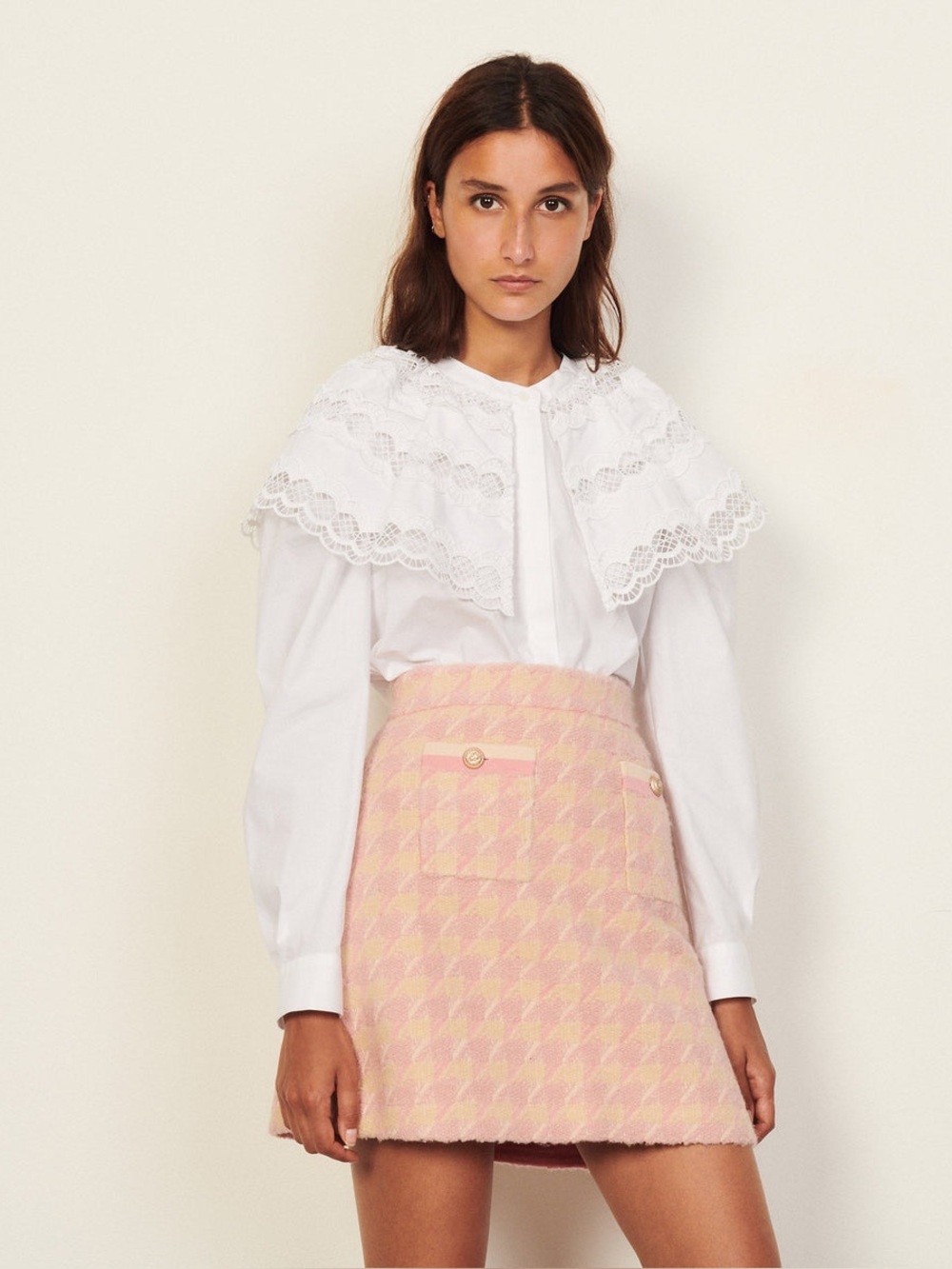 Sandro. Louisa Houndstooth Jacquard-Knit Mini Skirt. Pink/Cream. Size Small.